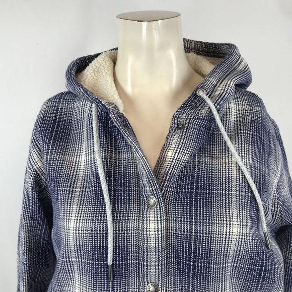 THE NORTH FACE ~ WOMENS SMALL ~ BLUE PLAID SHERPA LINED HOODED FLANNEL - Picture 2 of 7